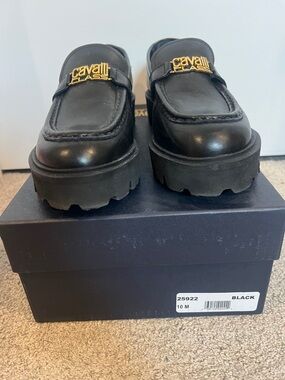 Cavalli Class Black Leather Platform Loafers with Gold Logo